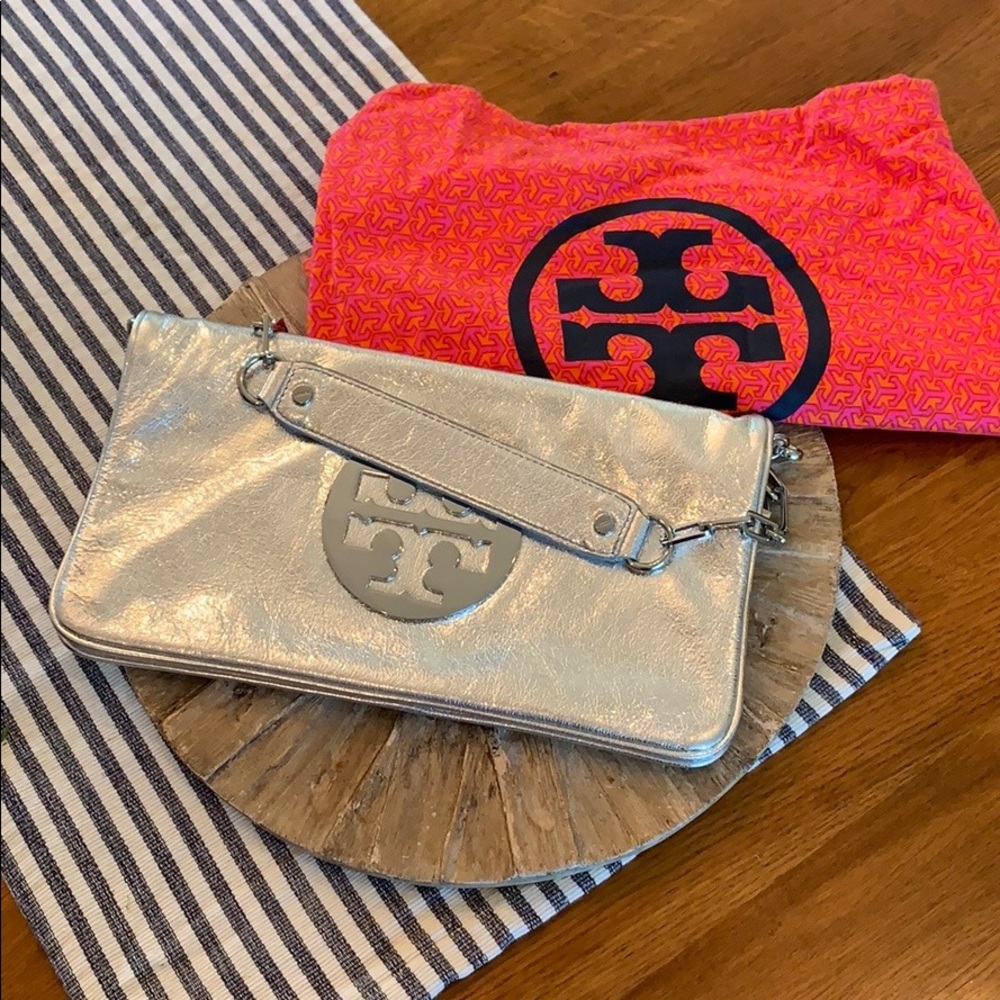 Tory Burch metallic silver clutch